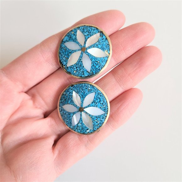 Vintage Alpaca Mexico round Abalone shell earrings - Picture 4 of 6